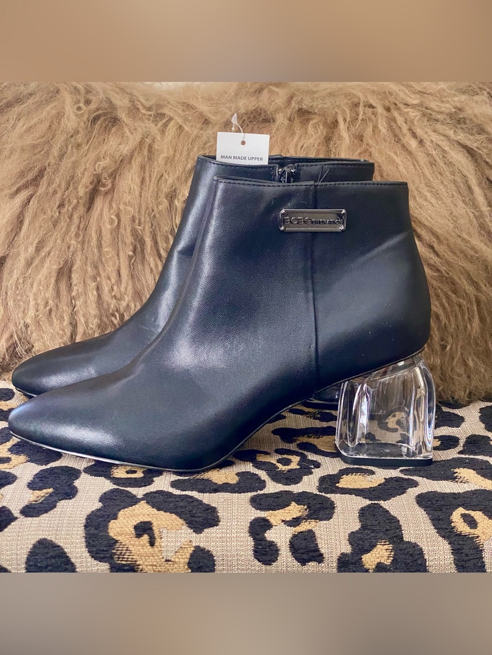 BCBGeration black booties with clear lucite block heel